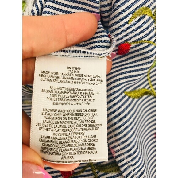 BCBGeneration Blue White Pinstripe Floral Embroidered High Neck Ruffle Top Small - Picture 12 of 12